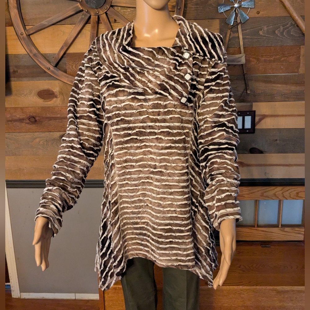 Artex Fashion Vintage Brown & White Striped Asymmetric Blouse